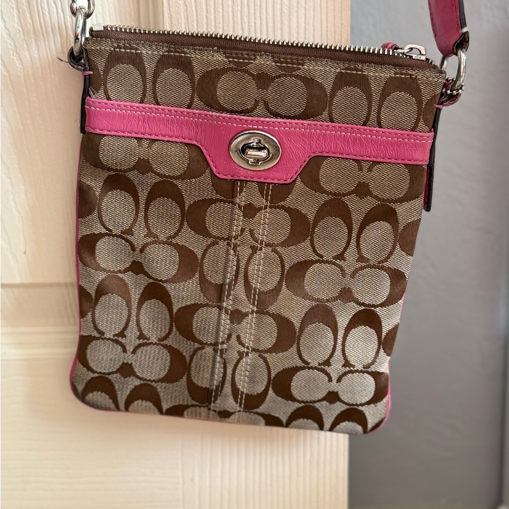 Coach Signature Brown and Pink Crossbody Bag with Adjustable Strap